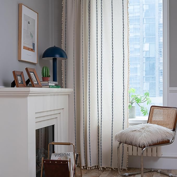 Sutuo Home Boho Curtains 72 inches for Bedroom Living Room, Semi Blackout Farmhouse Vintage Tassels Window Treatment Bohemian Embroidery Drape, Rod Pocket 1 Panel 52" W x 72" L, White and Navy Blue