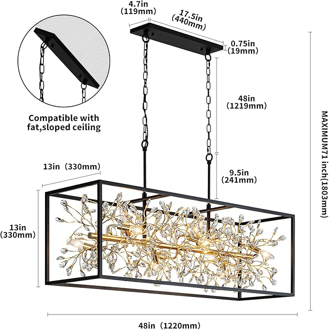 Vezzio Black and Gold Chandelier, 10-Light Rectangle Crystal Chandeliers Rectangular Modern Luxury Pendant Light Fixture for Dining Room Large Kitchen Island, L48 Inch