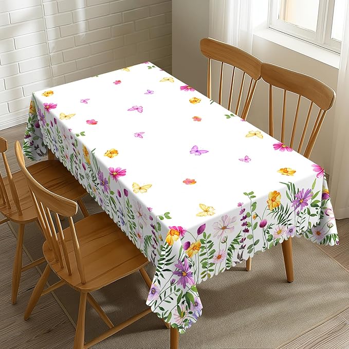 Flower Tablecloth Aesthetic Floral Wildflowers Butterfly Rectangle Tablecloth Floral Botanical Style Table Cover 54×72 Inch Washable Table Cloth for Kitchen Dining Room Party Decoration