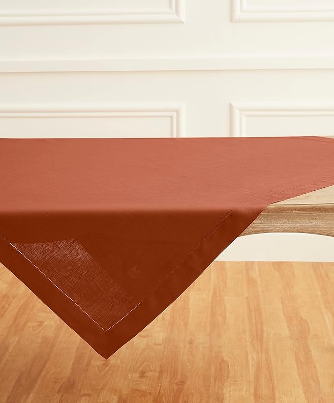 Solino Home Linen Cinnamon Tablecloth 52 x 52 Inch - 100% Pure Linen Square Table Throw - Classic Hemstitch, Machine Washable Table Cloth for Fall, Autumn, Thanksgiving