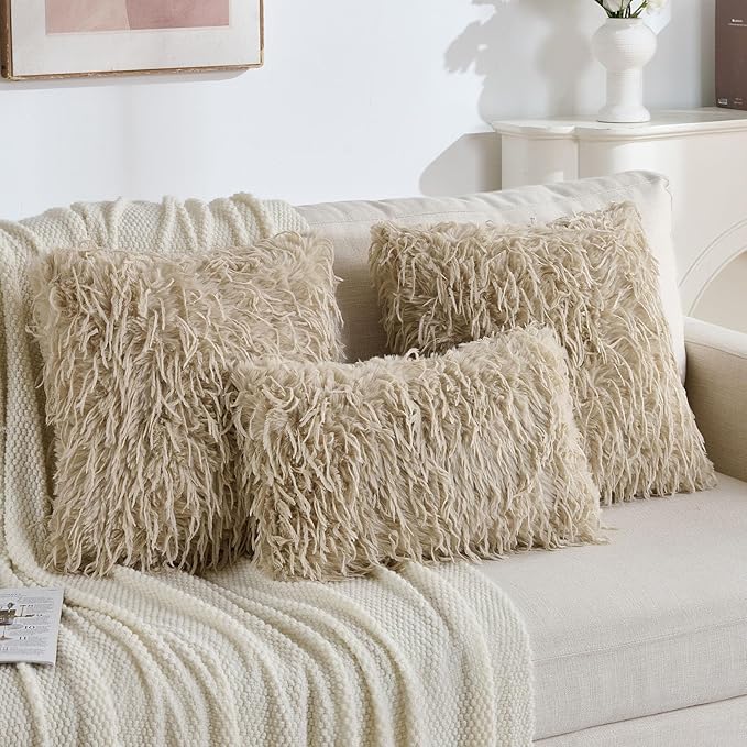 FUTEI Apricot Decorative Throw Pillow Covers 16x16 Inch Set of 2,Soft Fluffy Faux Feather Texture Cushion Cases,Modern Home Luxury Decor for Couch Bed Living Room