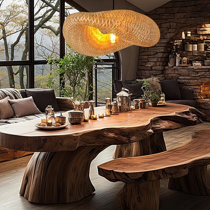Farmhouse Bamboo Pendant Light Fixtures, Bird's Nest Shape Rattan Chandelier for Kitchen Island, Adjustable Ceiling Mount Hanging Lamp for Living Room, Dining Room, Bedroom, Entryway Decor