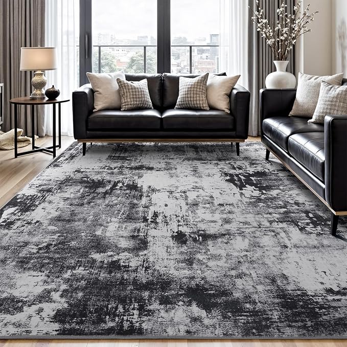Rugflix 8x10 Area Rugs for Living Room, Washable Large Rug Stain-Resistant Low Pile, Modern Dark Carpet for Dining Room Home Office Kid Room Nursery Bedroom, Black Grey