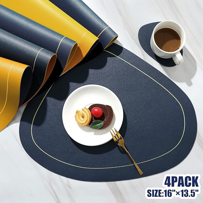 4 Pack Faux Leather Placemats Set,Round PU Dinning Table Mats,Wipeable Easy to Clean Stain Resistant Heat Resistant Waterproof Place Mats Durable Plate Mats for Table Nordic Style(Blue&Yellow)