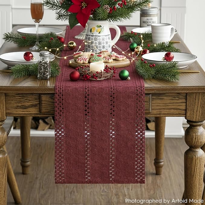 Artoid Mode Red Farmhouse Woven Rustic Hollow Table Runner, Seasonal Holiday Hollow Kitchen Dining Table Decoration for Home Party Decor 12x48 Inch