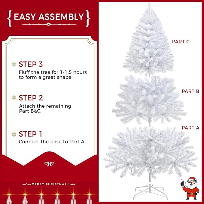 Yaheetech 6ft Pre-lit Spruce Artificial Hinged Christmas Pine Tree Prelighted Holiday Xmas Tree for Home Party Decoration with 300 Warm White Lights and 818 Branch Tips, White