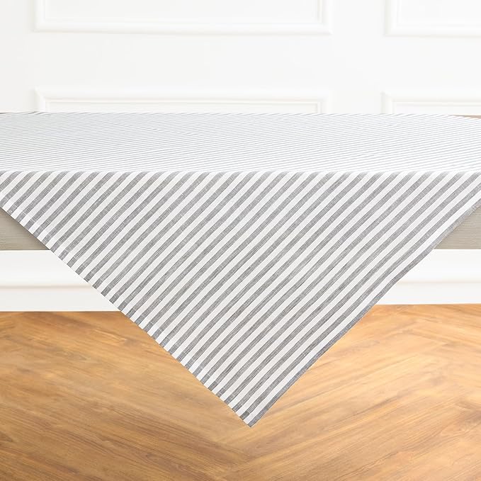 Solino Home Square Tablecloth 52 x 52 Inch - Amalfi Stripe, 100% Pure Linen Grey and White Table Throw - Machine Washable Tablecloth for Fall, Autumn