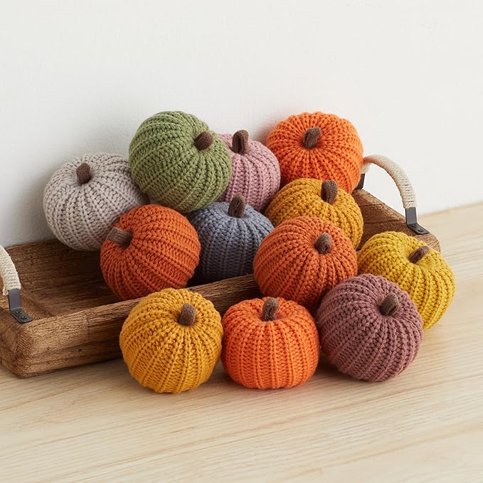 Your Heart's Content Set of 12 Small 3 inch Knit Pumpkins, Fall Home Decor, Bowl Fillers, Shelf Sitter Accents, Wedding Centerpiece, Cozy Home, Garland or Ornaments (Small Knit Assorted 12)