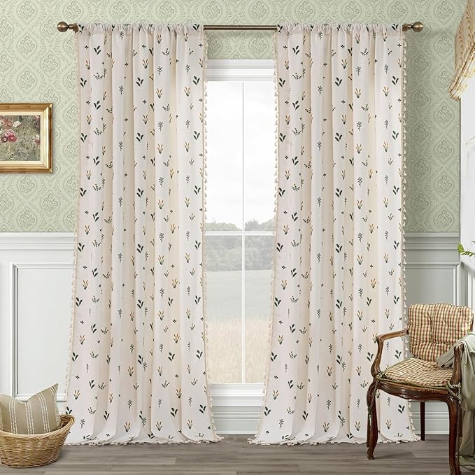 F-CHU Boho Floral Curtains 63 Long Patterned Curtain for Bedroom Cotton Linen Blend Farmhouse Style French Country Orange Floral and Plant Designs Kitchen Curtains 55" W x 63" L