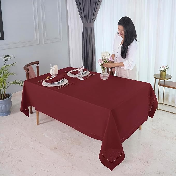 D'Moksha Homes Dark Red Linen Tablecloth 60 x 120 Inch - 100% Pure Linen Hemstitch Tablecloth for Rectangle Tables - Classic Hemstitch, Machine Washable Table Cloth for Thanksgiving, Christmas