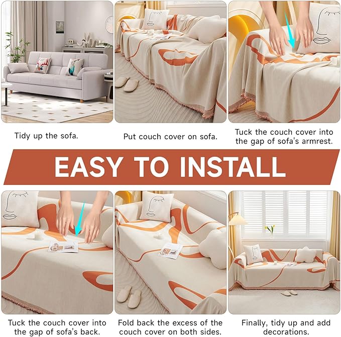 VClife Sofa Couch Cover Washable- Modern White and Caramel Striped Jacquard Couch Cover for 2 Cushion Couch 71''x118'' - 1 Piece Soft Chenille Large Sofa Covers Slipcover for Living Room Bedroom