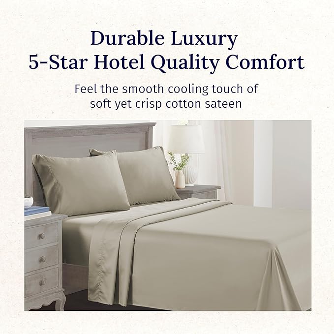 California Design Den Luxury Twin Sheet Set - 100% Cotton, 600 Thread Count Deep Pocket Twin Sheets, Soft Hotel-Quality Bedding with Sateen Weave (Cool Taupe)