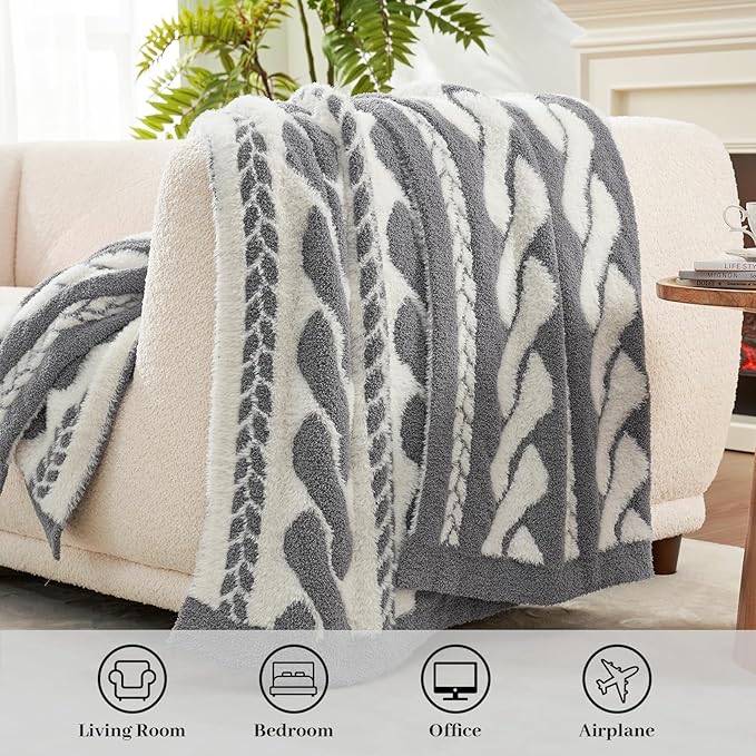 Amélie Home Cable Knit Throw Blanket for Couch, Bicolour Super Soft Fuzzy Blanket for Sofa, Luxury Cozy Fluffy Throw for Room Decor, 50" x 60", Cable Grey & White