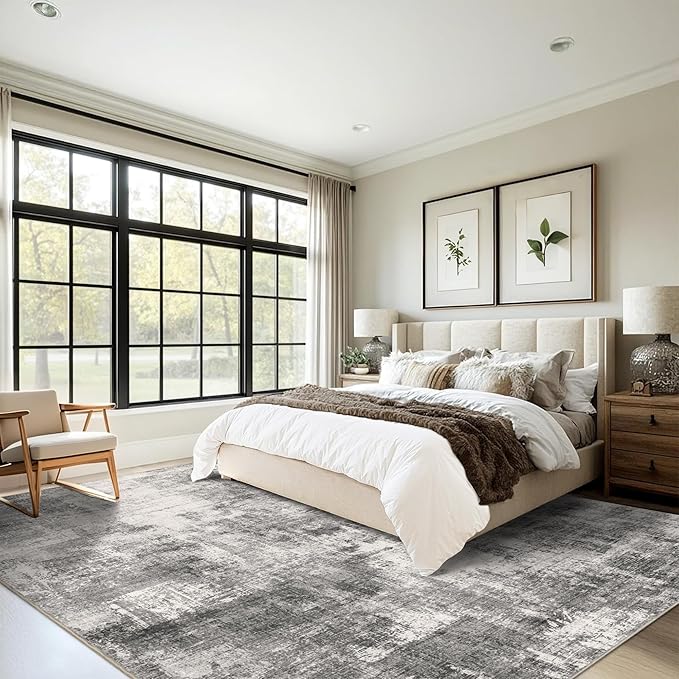 9x12 Modern Abstract Rug Washable Area Rugs for Living Room Bedroom Dining Room Non-Slip Low Pile Neutral Large Rug Soft Indoor Floor Carpet, Gray