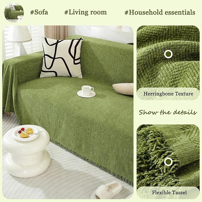 DREAMINGO Sofa Covers Herringbone Jacquard Modern Minimalism Couch Cover Wear Resistant Green Futon Couch Cover for 3 Cushion Couch Sofa Pet Friendly Washable Sofa Slipcovers for Dogs, 71"x134"