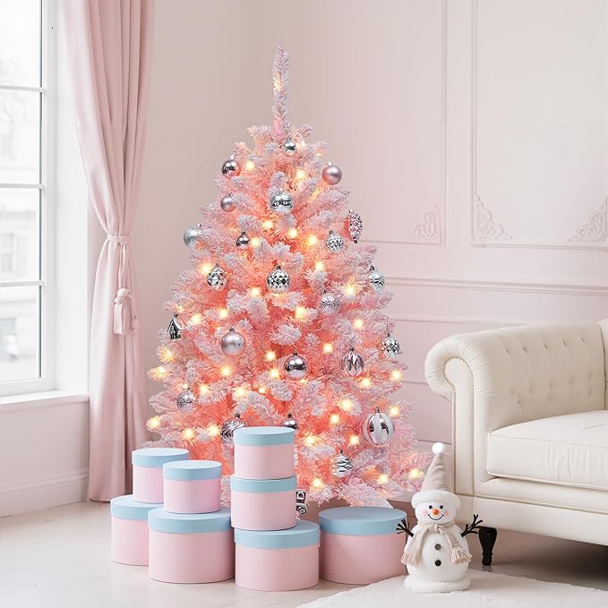 YITAHOME 4.5 FT Prelit Pink Flocked Christmas Tree, Pre-Lit Pink Spruce Artificial Christmas Tree with 400 PVC Flocked Tips and 200 Warm-White Lights for Home, Office Decoration
