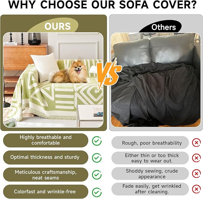 VClife Couch Cover Boho, Green Jacquard Sofa Cover for 3 Cushion Couch Sofa, Anti Slip Dog Sofa Couch Cover Washable Sofa Slipcover L-Shape Sectional Sofa Cover with Tassel, 91"x134"
