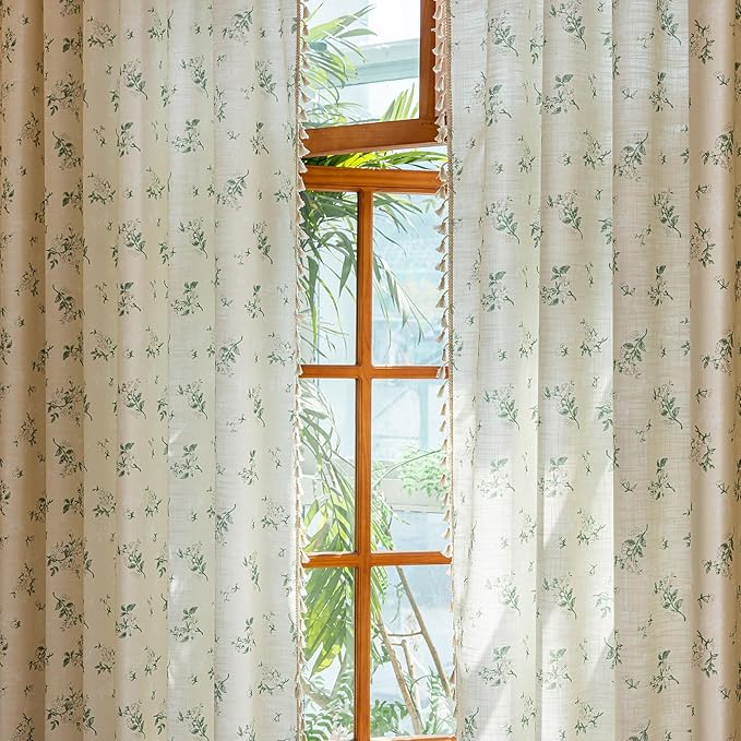 OYX Sage Green Spring Floral Curtains 96 Inch Length 2panels for Living Room, French Country Vintage Light Filtering Patterned Aesthetic Drapes for Bedroom, Rod Pocket Decor Window Treatment Curtains