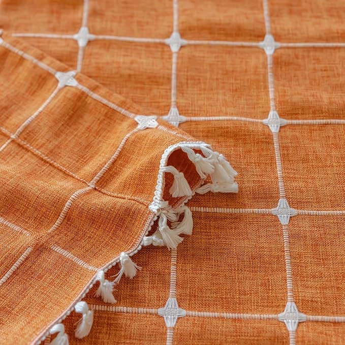 Sutuo Home Boho Curtains Plaids for Nursery, Bohemian Semi Blackout Linen Country Tassels Window Treatment Embroidery Drape for Fall Halloween Decor, Rod Pocket 1 Panel 52" W x 72" L, Burnt Orange