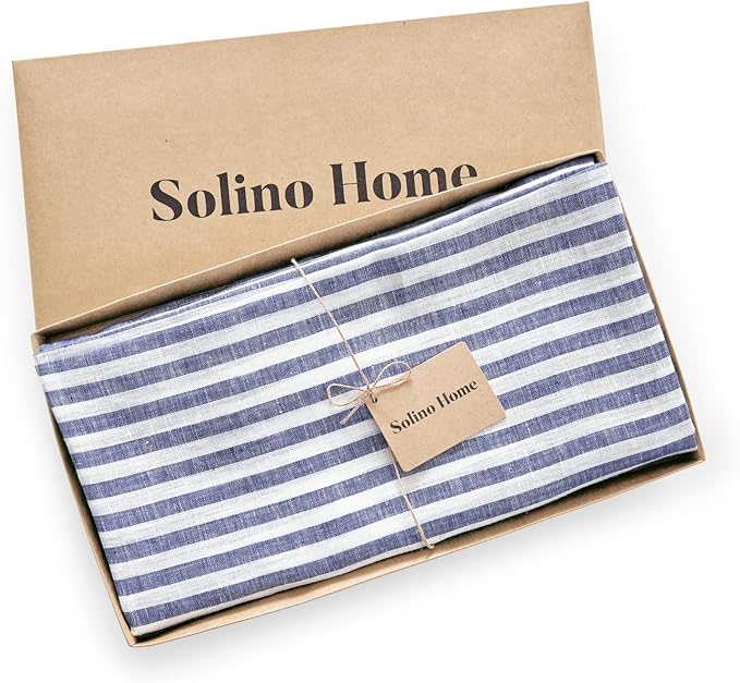 Solino Home Linen 60 Inch Round Tablecloth - Amalfi Stripe, 100% Pure Linen Navy and White Round Tablecloth - Machine Washable Table Cloth for Fall, Autumn, Thanksgiving, Christmas, Winter