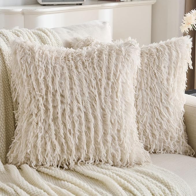 FUTEI Beige Decorative Throw Pillow Covers 16x16 Inch Set of 2,Soft Fluffy Faux Feather Texture Cushion Cases,Modern Home Luxury Decor for Couch Bed Living Room