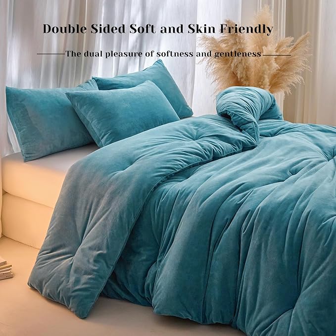 Velvet Comforter Set King Size, Blue Fluffy Velvet 3 Piece, Soft Breathable Luxury Winter Warm Bedding Sets, with 1 Cozy Comforter, 2 Pillow Shams (Teal)