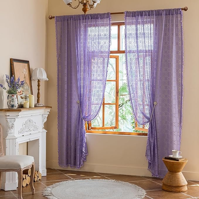 Sheer Purple Curtains 96 Inches Long Bohemian Crochet Curtains with Tassel Rod Pocket Farmhouse Lavender Flower Sheer Panels for Bedroom Living Room Elegant Home Decor 8FT 59W x 96L