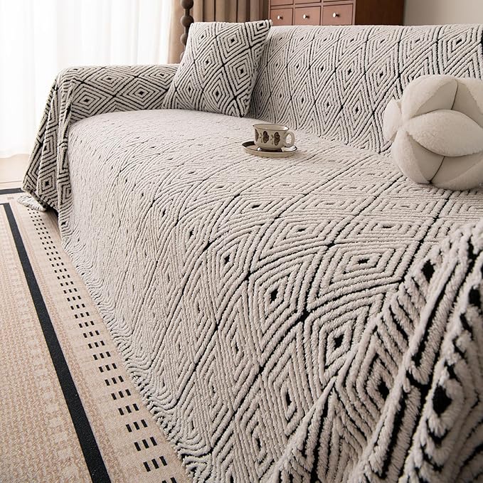 ROOMLIFE Striped Boho Black Couch Cover for 2-3 Cushion Sofa, Fuzzy Plush Warm Sofa Slipcovers Sectional Sofas Covers, Non Slip Washable Furniture Protector Soft with Tassel,Winter 71''X150”
