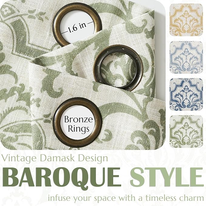 jinchan Linen Sage Green Damask Patterned Curtains 108 Inches Long for Living Room & Bedroom, Light Filtering Vintage Baroque Style Drapes with Grommet Window Treatments (2 Panels Set)
