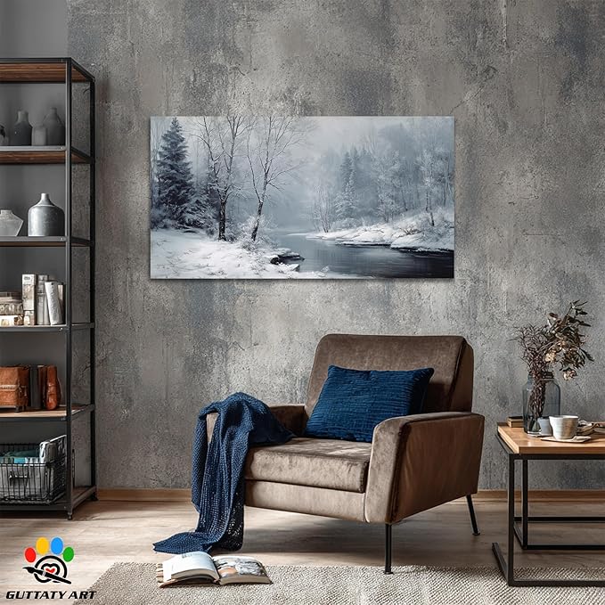 GUTTATY Christmas Winter Scene Canvas Wall Art, Snowy River Landscape Canvas Prints, Frosted Forest Picture Wall Decor Artwork for Living Room, Bedroom, Holiday Season Decoration, 32x16 Inch