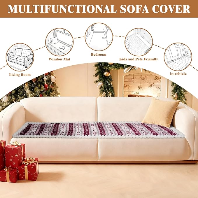 Cekene Christmas Snowflakes Couch Covers Washable Non-Slip Couch Cushion Covers Fuzzy Sofa Cover for Pet (Dark Red,27.6" x 59.1")