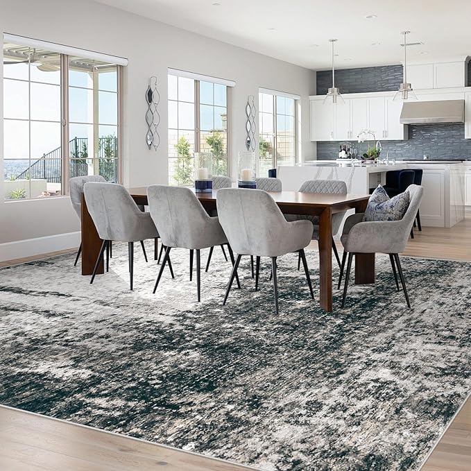 9x12 Area Rugs Washable Rug, Soft Modern Abstract Rugs for Living Room Large Low Pile Thin Rug Non Slip Indoor Neutral Carpet for Bedroom Dining Room Farmhouse Office Kids Playroom Black Grey Gold