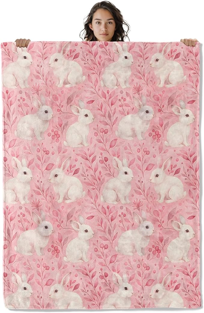 Cute Bunny Blanket, Rabbits and Pink Floral Leaves 50 x 40 Inch Flannel Throw Blanket, Gifts for Women Kids, Lightweight Cozy Warm Blankets for Sofa Travel Home Decor