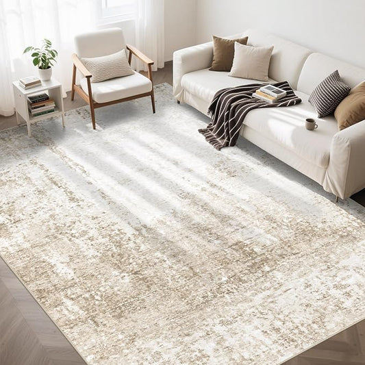 6x9 Area Rugs Washable Rug, Soft Modern Abstract Rugs for Living Room Large Low Pile Thin Rug Non Slip Indoor Neutral Carpet for Bedroom Dining Room Farmhouse Office Kids Playroom Beige
