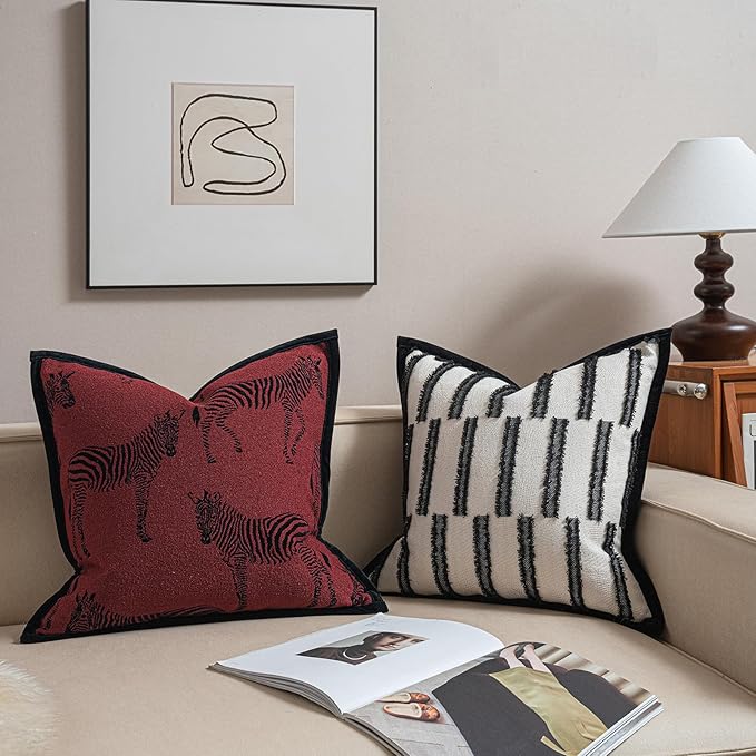 New 22x22'' inches Throw Pillow Cushion Covers - Zebra Pattern Red Color Chenille Jacquard Embroidery Luxury Modern Style Couch Sofa Bed Pillow Cover for Living Room Bedroom