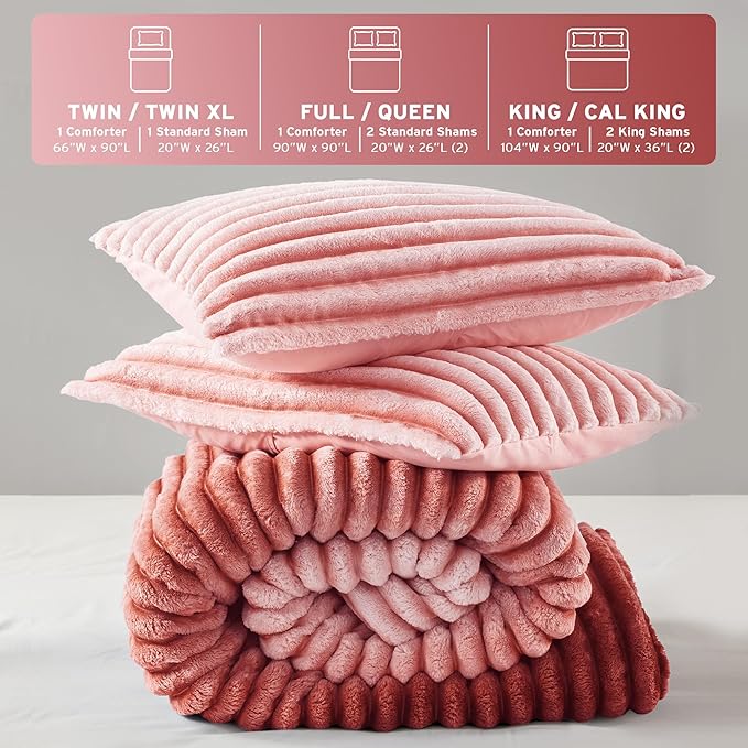 Intelligent Design King Comforter Set, Plush Bedding, Microfiber Reverse, 3 Piece, Lightweight, Super Soft Ribbed Velvet Comforter 2 Shams, All Season Fluffy Bed Set, Avril, King/Cal King Blush Ombre