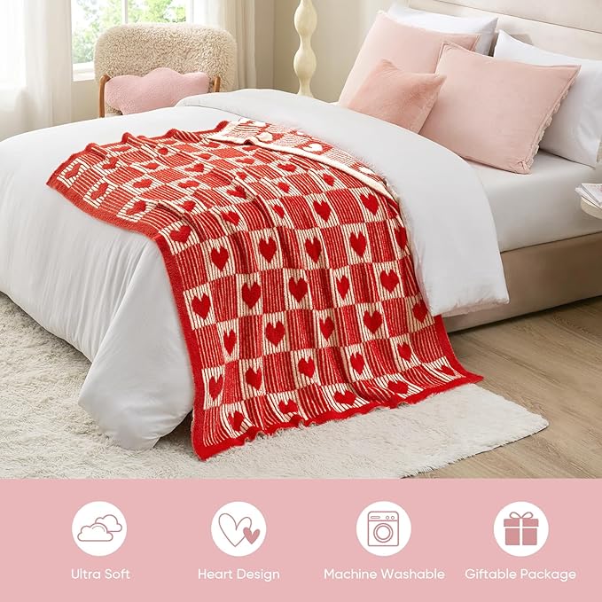 Snuggle Sac Red Heart Checkered Blanket for Women,Christmas Heart Blankets for Her Wife Girlfriend Mom,Super Soft Warm Fluffy Faux Fur Blanket for Couch Sofa Bed,Red Heart,60x80 inches