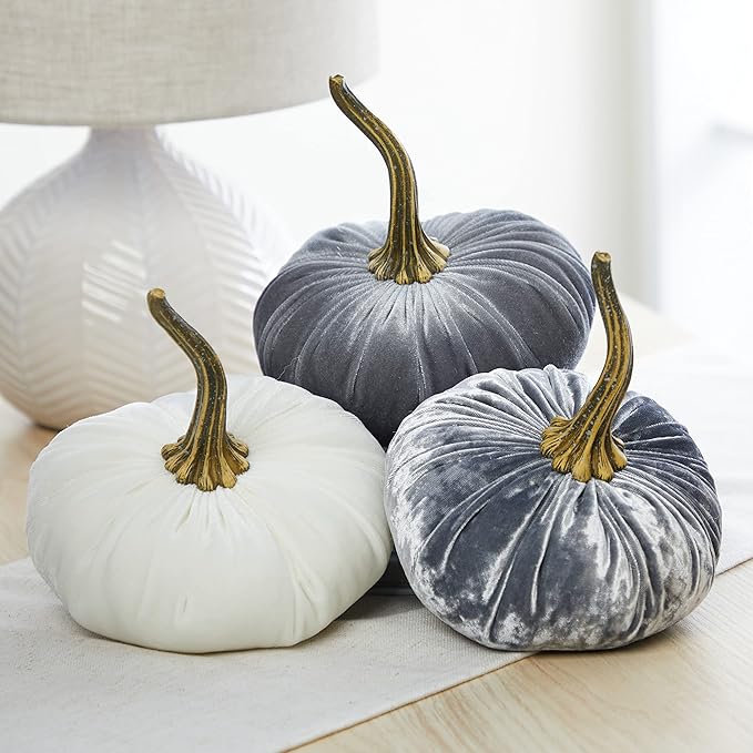 Set of 3 Velvet 6.25 Inch Pumpkins, silver platinumn accent decor, elegant luxe tablescape, tiered tray decor, cozy autumn vibe, office bookshelf, gift basket for hostess (Gray, Ivory, Platinum)