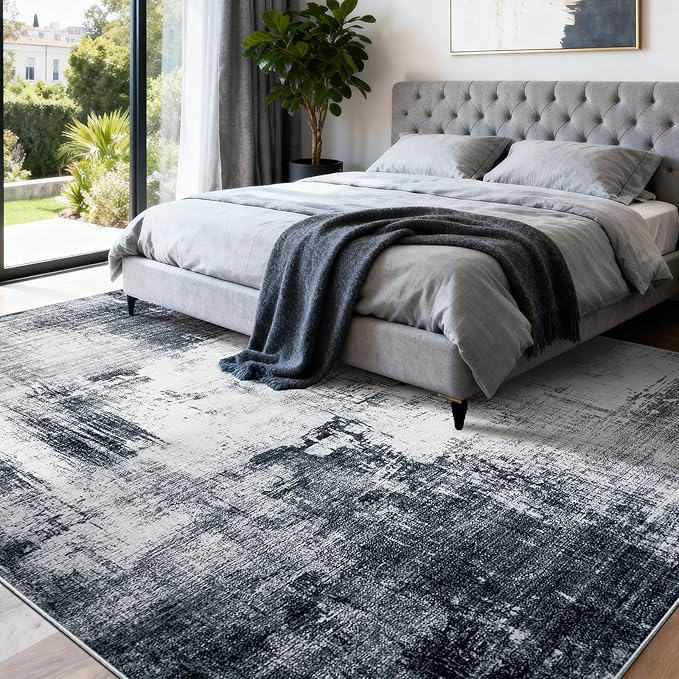 9x12 Washable Area Rug for Living Room Rug,Abstract Large Rugs for Bedroom Dining Room Farmhouse Nursery Home Office，Low Pile Stain & Slip Resistant Carpet -Abstract Blue Gray
