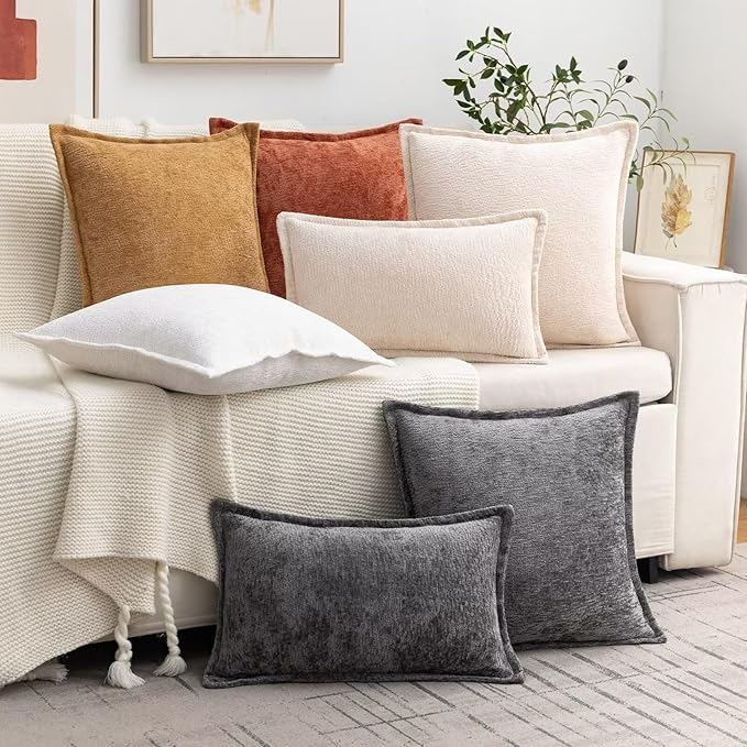 Grey Decorative Throw Pillow Covers 26x26 Inch Set of 2 Cozy Soild Chenille Cushion Cases Soft Textured Square Couch Pillows Cover Boho Accent Farmhouse Pillowcases for Sofa Bed