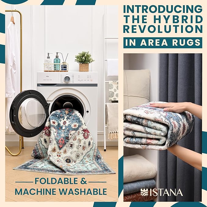 Istana Hallway Runner Rug 2x6 - White Cream/Blue Kitchen Rugs Non Slip Washable -Silk's Soft Touch Carpet Runner - Stylish Rug for Home