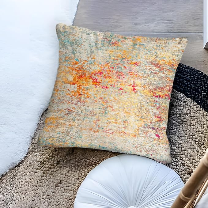 Boho Floral Throw Pillow Covers 16x16 inch Set of 2,Cream Boho Rug Geometric Floral Pattern Decor Double Sided Pattern Cushion Cover Soft Pillow Case Living Sofa Room Bed Square Pillow Cover
