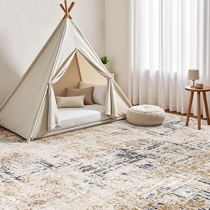 Rugflix 9x12 Area Rug for Living Room, Washable Modern Abstract Rug Low-Pile Non Slip Backing, Soft Large Farmhouse Carpet for Bedroom Dining Room Home Office, Brown Grey