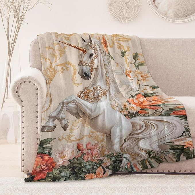 Elegant Unicorn Blanket, Cozy Flannel Gold Jewelry & Floral Throw Blanket, Soft Fuzzy Blankets for Travel Home Decor, All Season Lightweight Couch Bed Cover, Gifts for Women Adults Kids 50"×60"