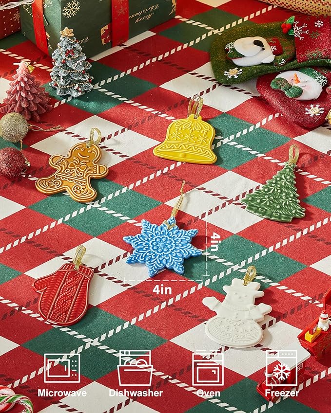 6 Pcs Ceramic Christmas Ornament Set, Hanging Ornaments for Tree Decoration, Christmas Decorations, Winter Decorations, Tree Ornaments, Assorted Colors