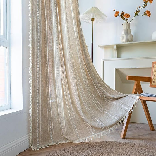 Sutuo Home Boho Curtains for Bedroom Living Room 102 Inches Length, Light Filtering French Country Farmhouse Vintage Chic Tassels Hollow Window Treatment Bohemian Drape, 1 Panel 52" W x 102" L Natural