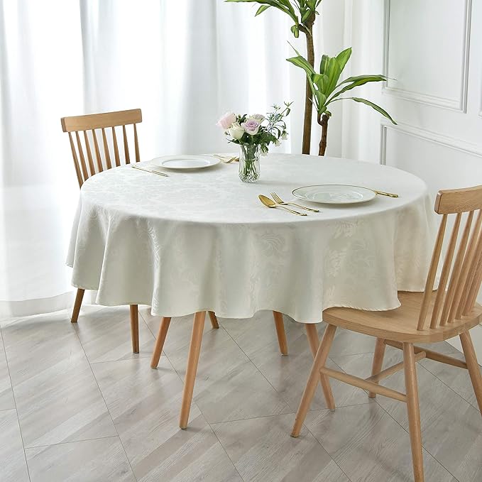 maxmill Jacquard Round Table Cloth Damask Design Waterproof Antiwrinkle Heavy Weight Soft Tablecloths for Circular Table Cover and Kitchen Dinning Tabletop Round 70 Inch Ivory