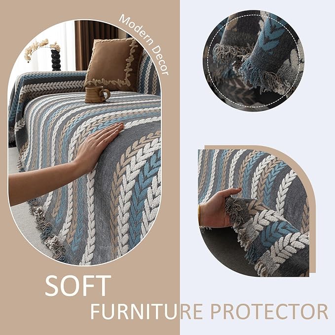 VClife Blue Stripe Sofa Cover for Dog Chenille Couch Cover for 3 Seater Sofa, Non Slip Stripe Jacquard Sofa Couch Cover Throw Pet-Friendly Soft Couch Slipcover with Tassel, Blue, 71''x150''