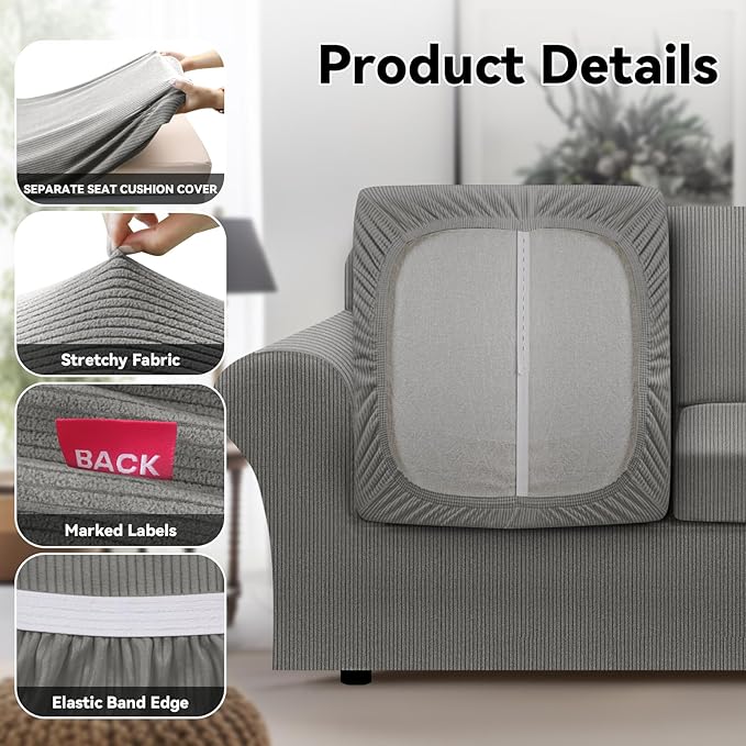 100% WaterproofCouch Cover 3-Piece Set Striped Sofa Slipcovers for 2 Cushion Couch Sofa Covers with TPU Leakproof Bottom Stretch Couch Protector Pet Proof - Sofa(2-Cushion), Gray