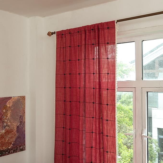 Sutuo Home Boho Curtain for Bedroom 84 Inch Length, Linen Light Filtering Country Farmhouse Vintage Chic Tassels Window Treatment Bohemian Drape for Xmas Decor 1 Panel 52" W x 84" L, Red Plaids